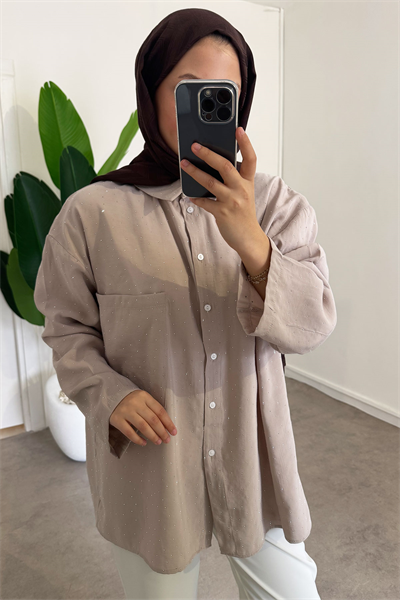 Taş Baskılı Gömlek - Bej