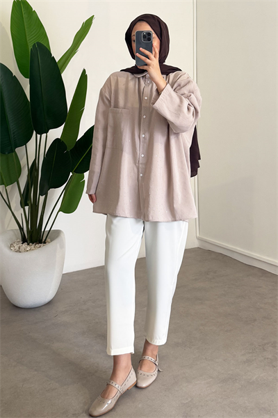 Taş Baskılı Gömlek - Bej