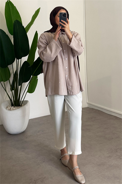 Taş Baskılı Gömlek - Bej