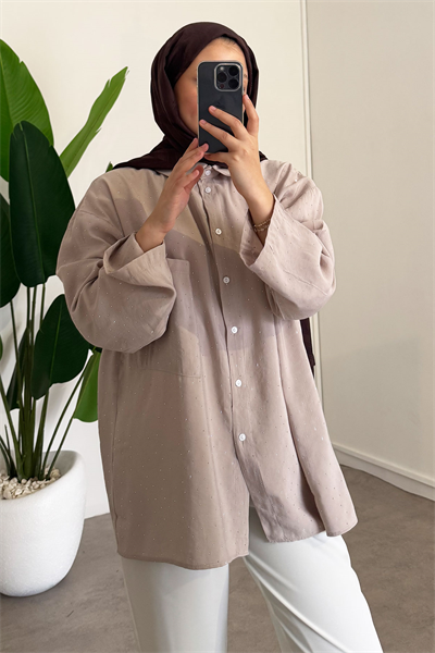 Taş Baskılı Gömlek - Bej