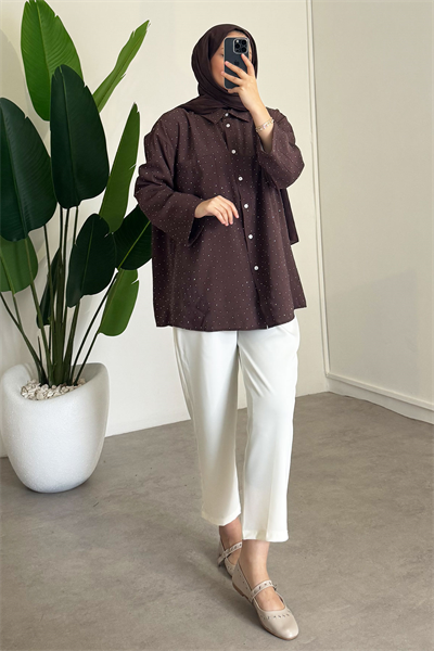 Taş Baskılı Gömlek - Kahverengi