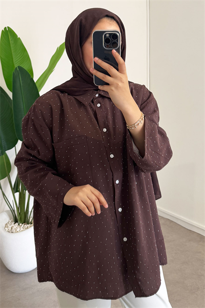 Taş Baskılı Gömlek - Kahverengi