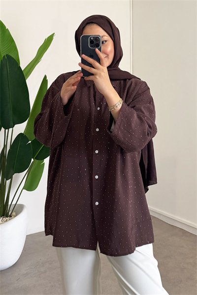 Taş Baskılı Gömlek - Kahverengi