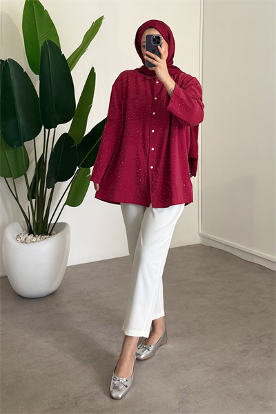 Taş Baskılı Gömlek - Kırmızı