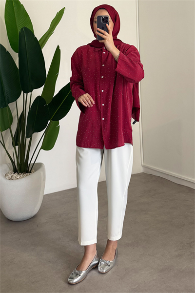 Taş Baskılı Gömlek - Kırmızı