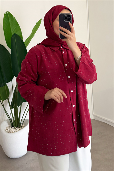 Taş Baskılı Gömlek - Kırmızı