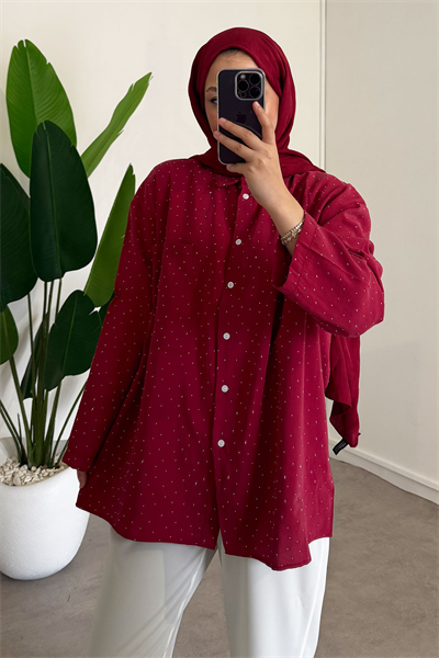 Taş Baskılı Gömlek - Kırmızı