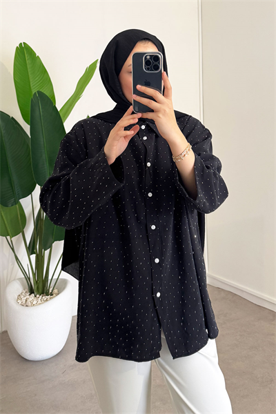 Taş Baskılı Gömlek - Siyah 