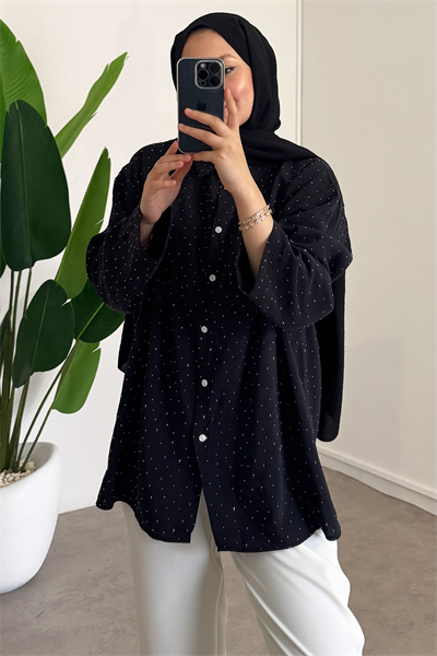 Taş Baskılı Gömlek - Siyah 