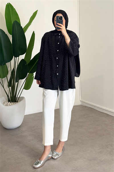 Taş Baskılı Gömlek - Siyah 