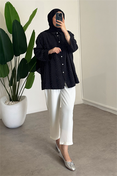 Taş Baskılı Gömlek - Siyah 