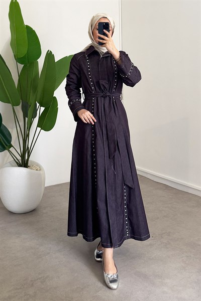 Taşlı Denim Elbise - Bordo