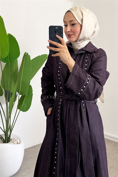 Taşlı Denim Elbise - Bordo