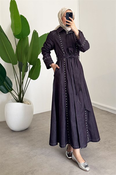 Taşlı Denim Elbise - Bordo