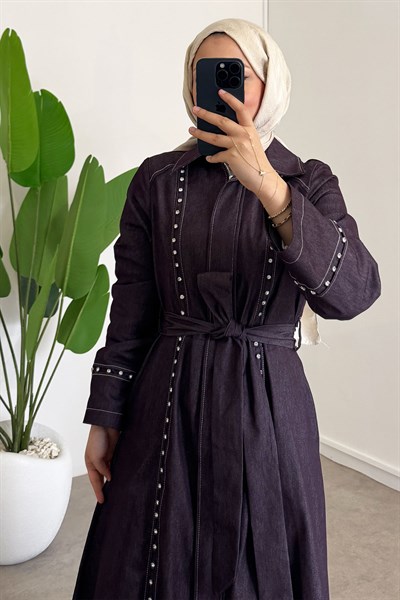 Taşlı Denim Elbise - Bordo