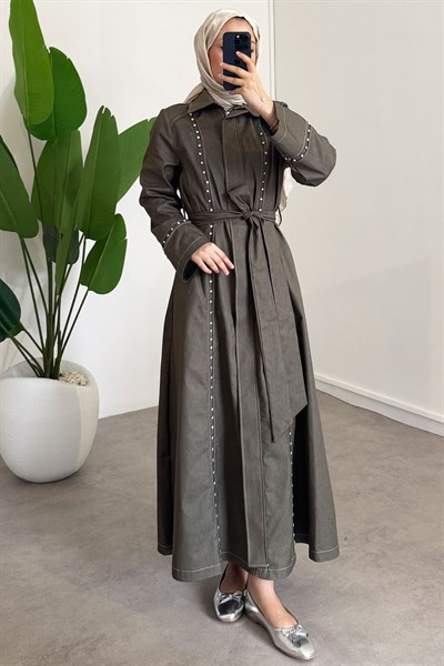 Taşlı Denim Elbise - Haki Yeşil