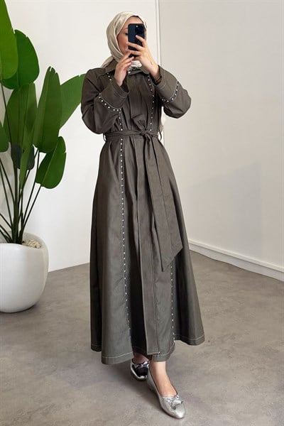 Taşlı Denim Elbise - Haki Yeşil