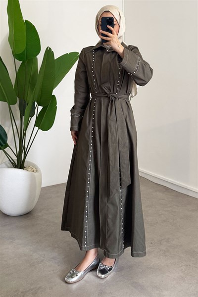 Taşlı Denim Elbise - Haki Yeşil