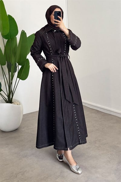 Taşlı Denim Elbise - Kahverengi