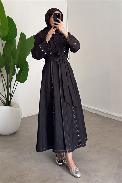 Taşlı Denim Elbise - Kahverengi
