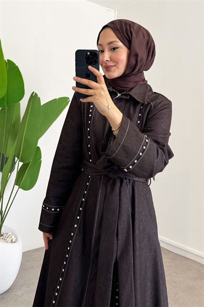Taşlı Denim Elbise - Kahverengi