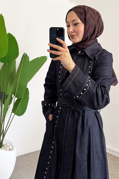 Taşlı Denim Elbise - Lacivert