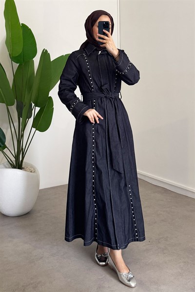 Taşlı Denim Elbise - Lacivert