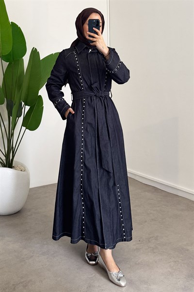 Taşlı Denim Elbise - Lacivert