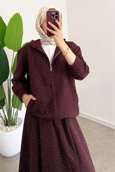 Taşlı Etekli Takım - Bordo