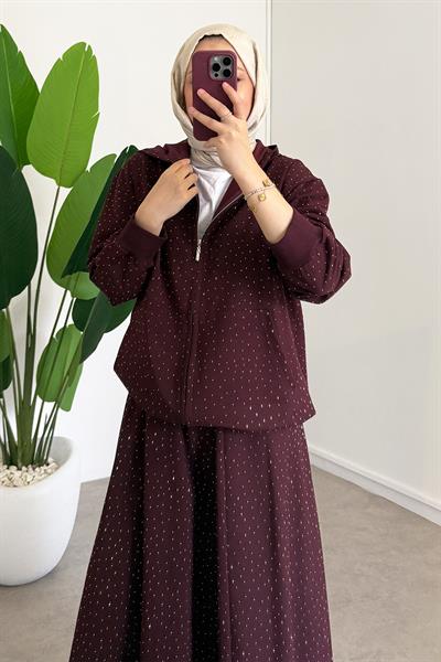 Taşlı Etekli Takım - Bordo