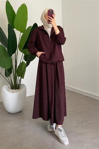 Taşlı Etekli Takım - Bordo