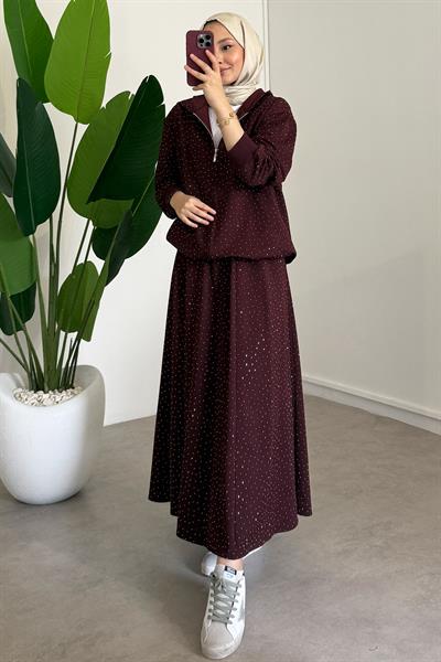 Taşlı Etekli Takım - Bordo