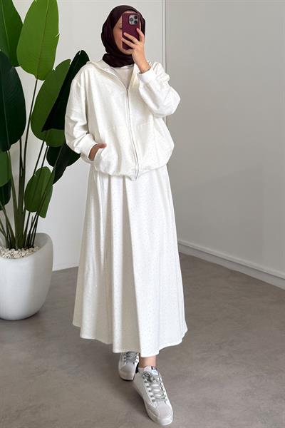 Taşlı Etekli Takım - Ekru