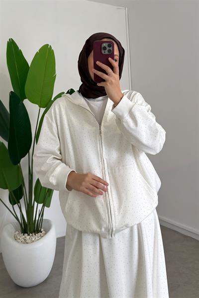 Taşlı Etekli Takım - Ekru