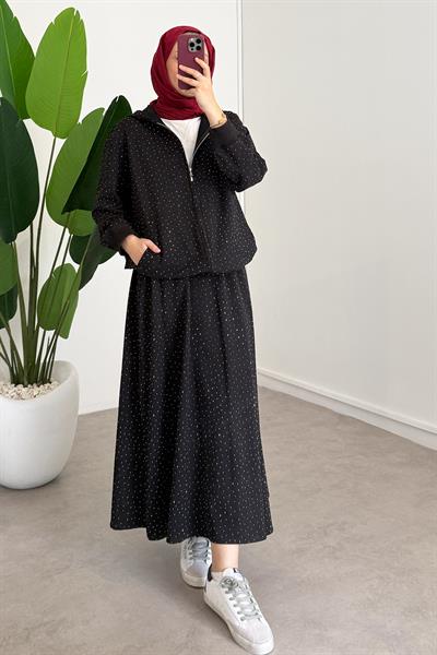 Taşlı Etekli Takım - Siyah