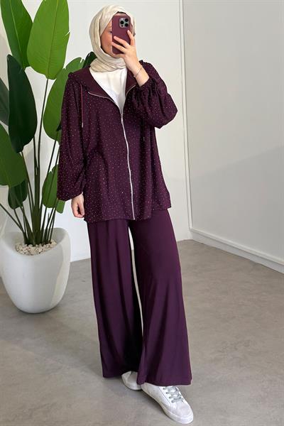 Taşlı Fermuarlı Oyşo Takım - Bordo