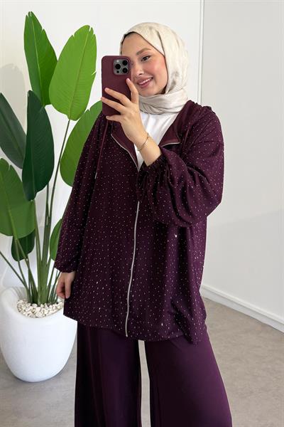 Taşlı Fermuarlı Oyşo Takım - Bordo