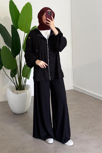 Taşlı Fermuarlı Oyşo Takım - Siyah