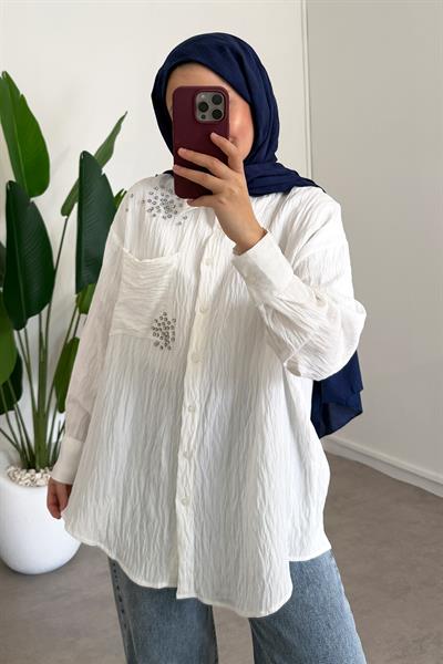 Taşlı Gömlek - Beyaz