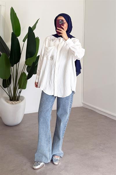 Taşlı Gömlek - Beyaz