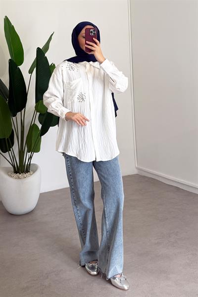 Taşlı Gömlek - Beyaz
