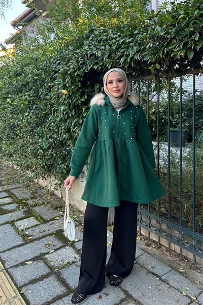 Taşlı Kürklü Ceket 4-6420- YEŞİL
