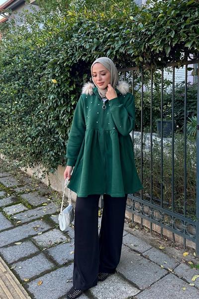 Taşlı Kürklü Ceket 4-6420- YEŞİL