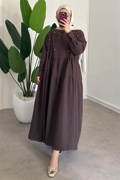 Taşlı Lucy Elbise - Kahverengi