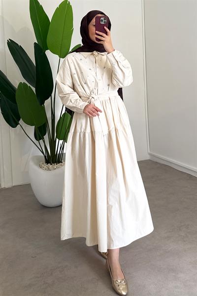 Taşlı Lucy Elbise - Krem