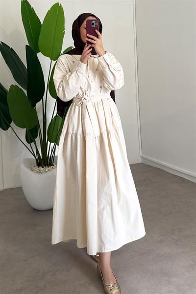 Taşlı Lucy Elbise - Krem