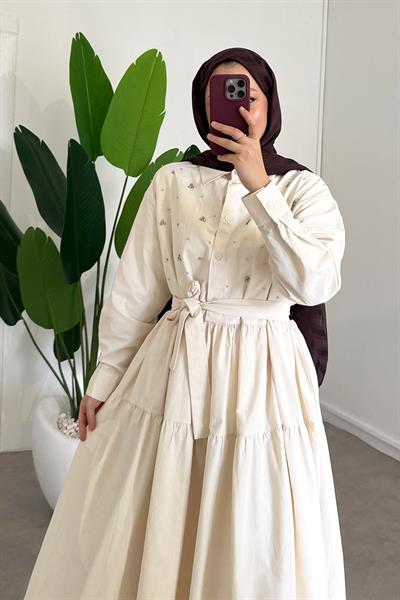 Taşlı Lucy Elbise - Krem