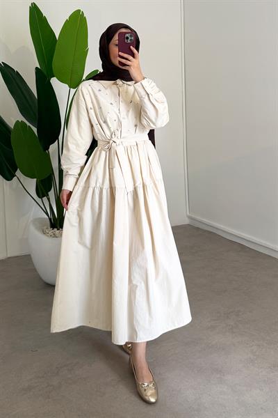 Taşlı Lucy Elbise - Krem