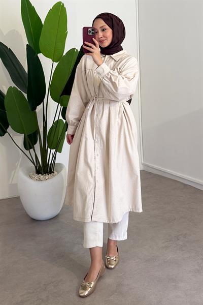 Taşlı Uzun Gabardin Gömlek - Bej