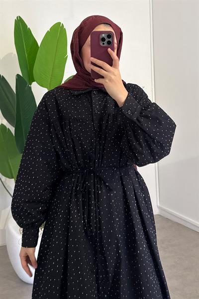 Taşlı Uzun Gabardin Gömlek - Siyah